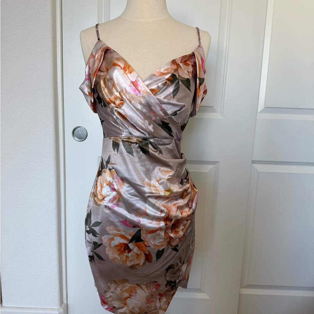 Windsor Satin Floral Slip Dress in Taupe, Pink & Green